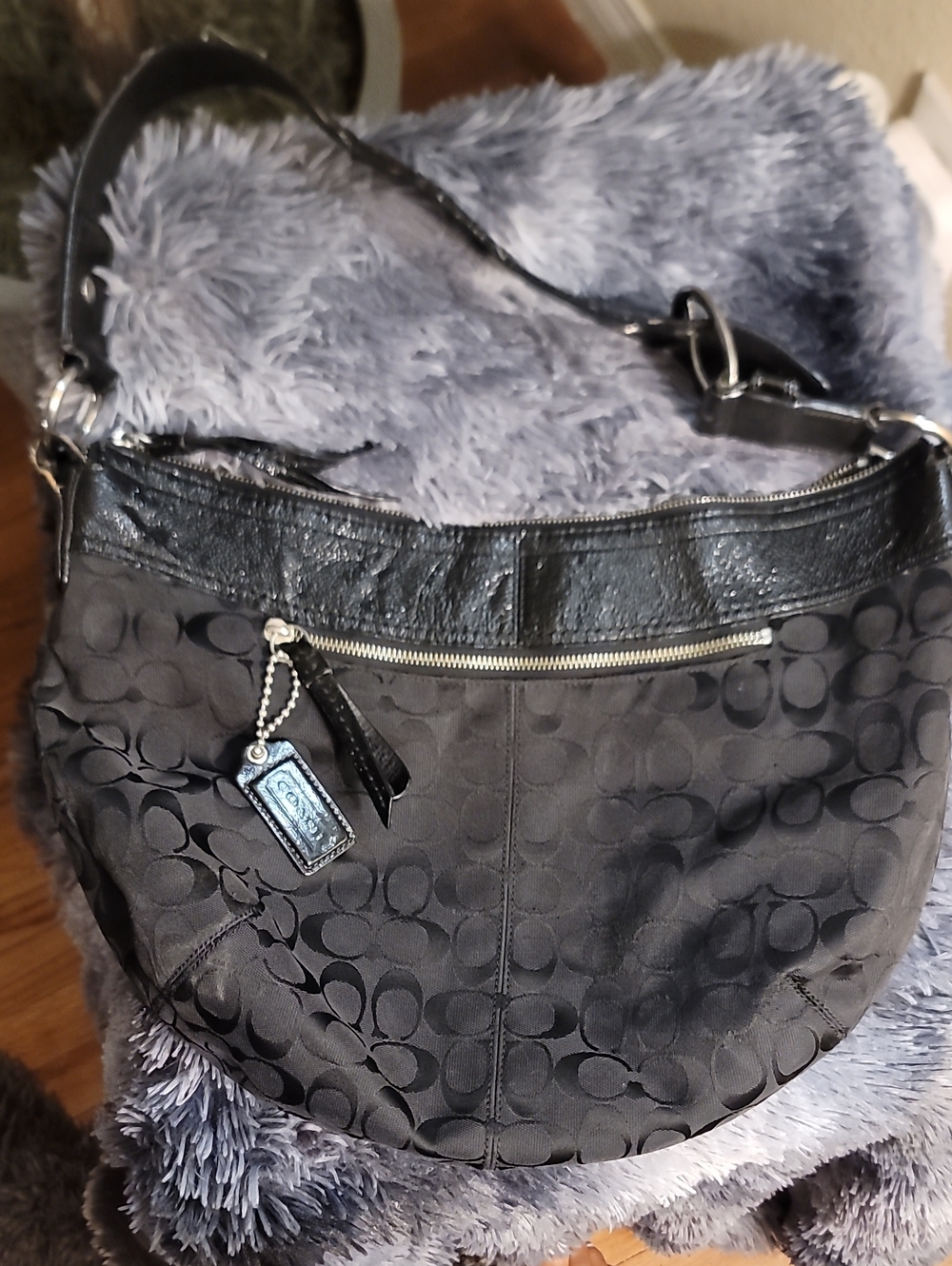 Coach Black Signature Shoulder Bag with Leather Trim